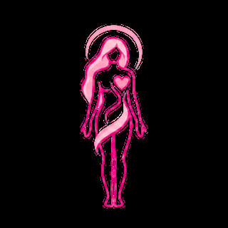 Neon pink outline illustration of a stylized female figure with a halo and heart on chest against black background