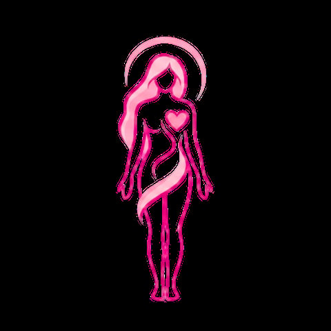 Neon pink outline illustration of a stylized female figure with a halo and heart on chest against black background
